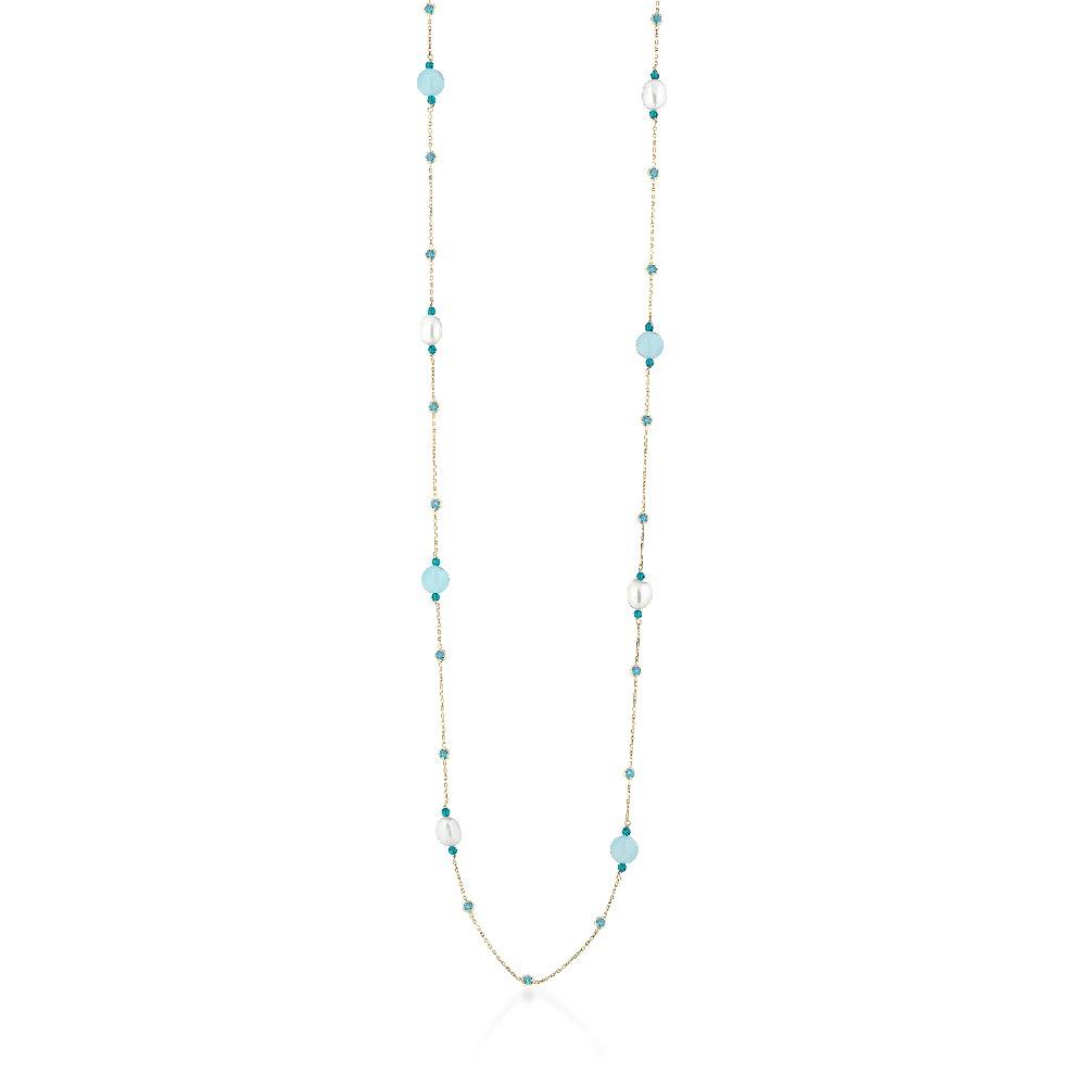 Collana lunga con perle e gemme azzurre in argento - GLAMOUR