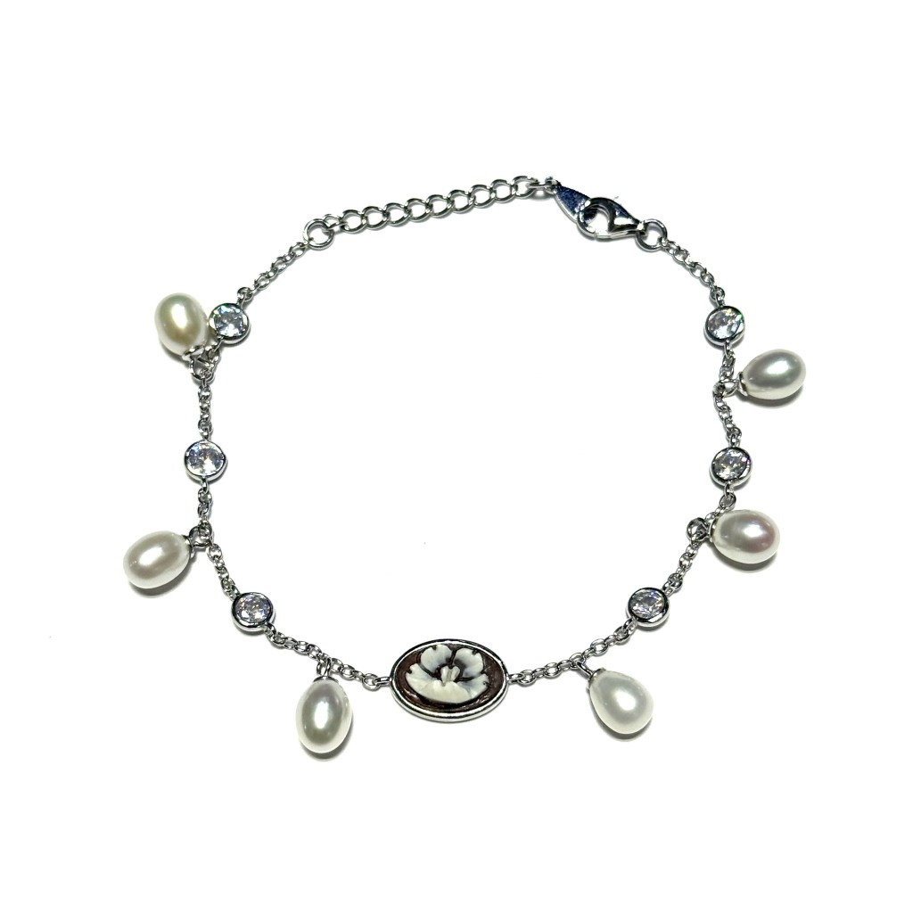  Silver bracelet with pendant pearls and flower cameo - CAMEO ITALIANO