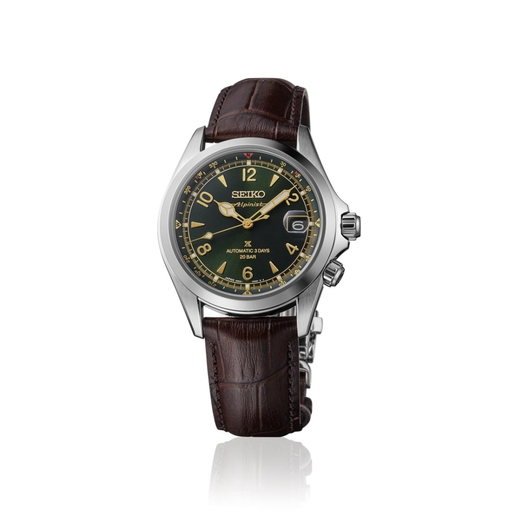 Nuovo modello di orologio Prospex di Seiko con quadrante verde e cinturino marrone, sportivo e casual. 