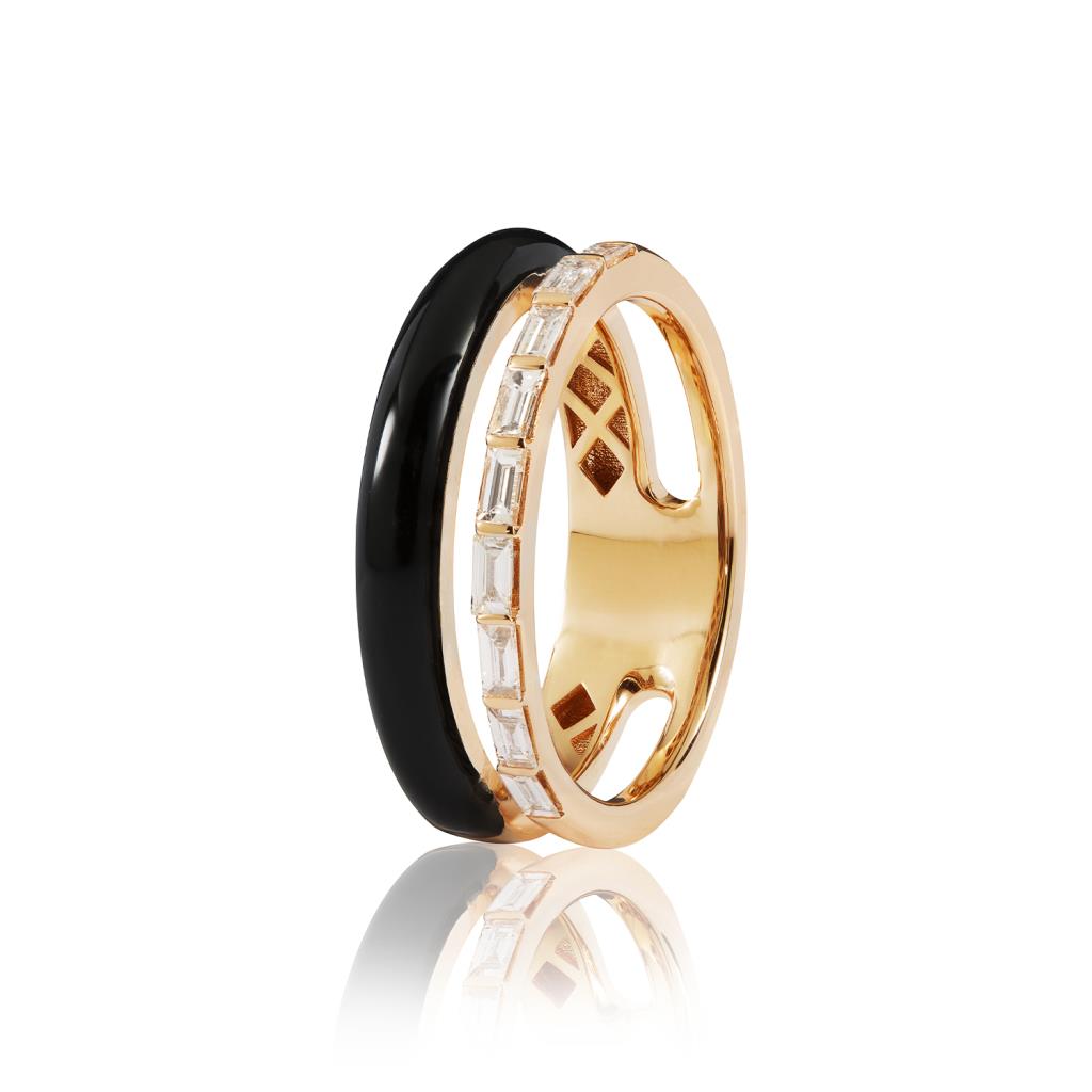Double yellow gold ring, black enamel, 0.32 ct baguette diamonds - RF JEWELS