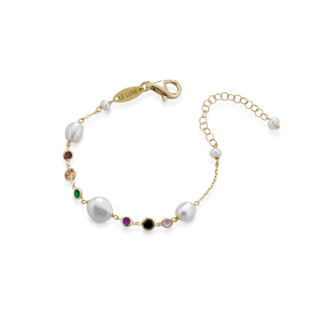 Golden silver bracelet white pearls multicolor zircons - GLAMOUR