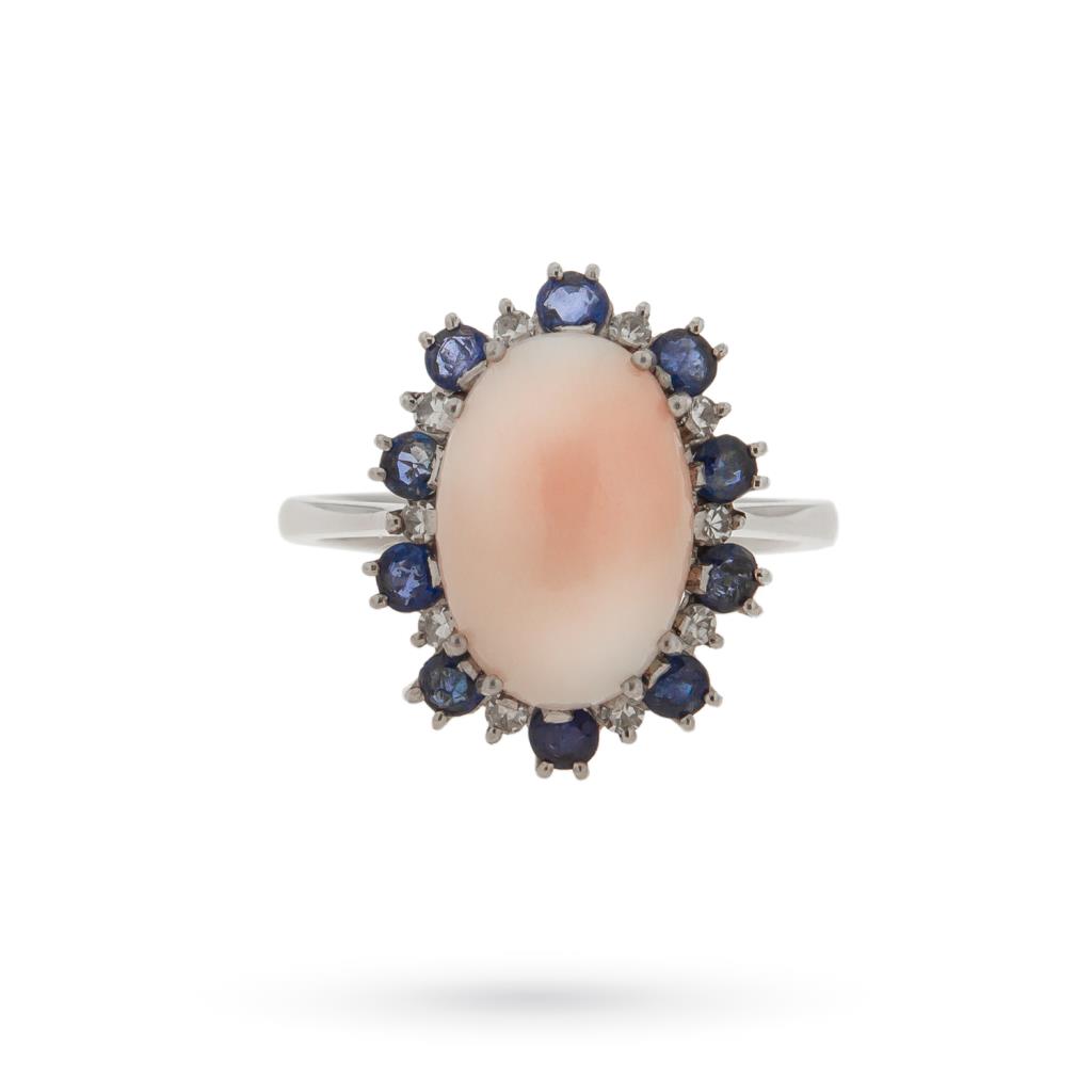 Anello oro bianco 18kt corallo rosa diamanti zaffiri - UNBRANDED