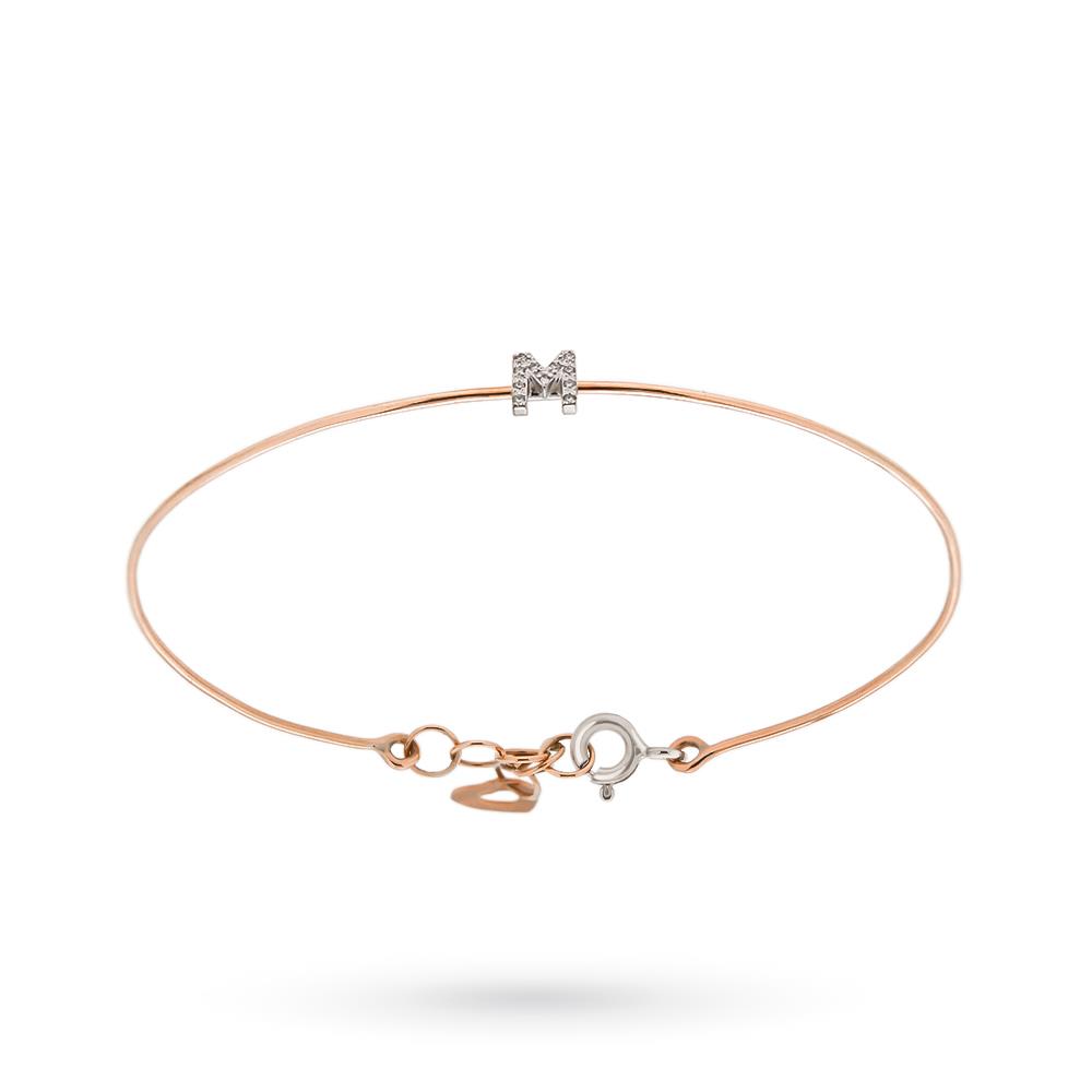 Letter M thin wire bracelet in rose gold with diamonds - PINOMARINO