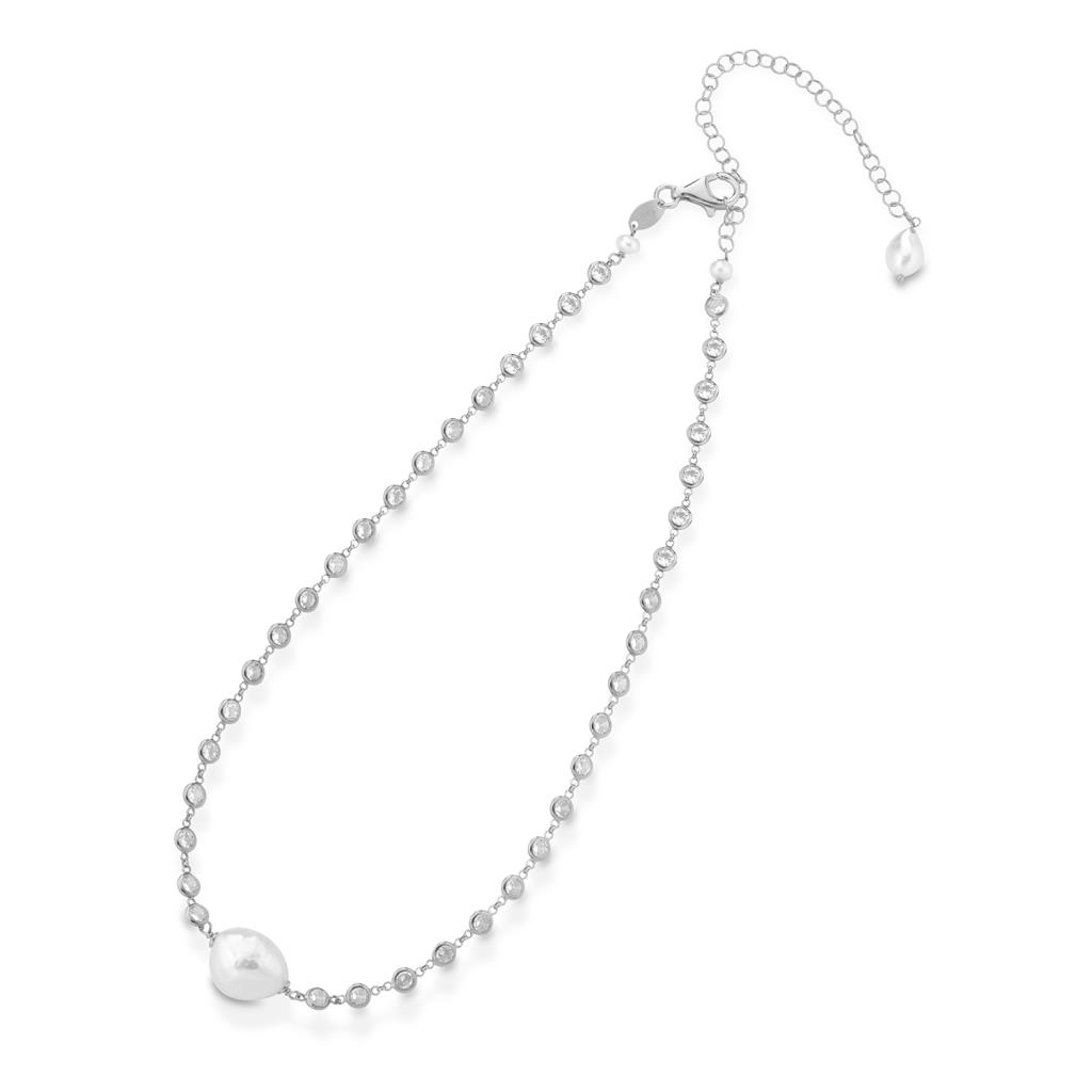 Silver necklace with zircons and central white pearl 38cm - GLAMOUR
