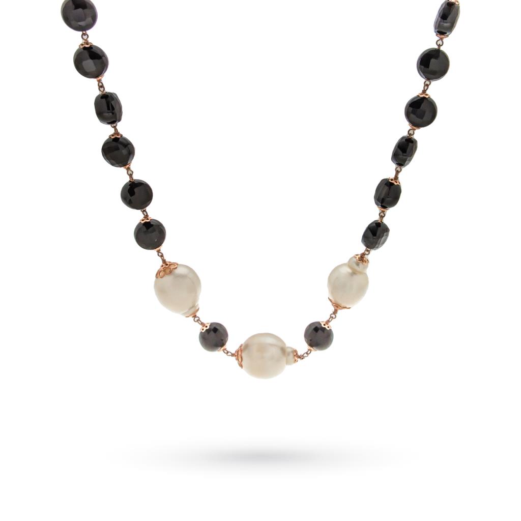 Long silver necklace with onyx pearls and red agate 93cm - ETEREA