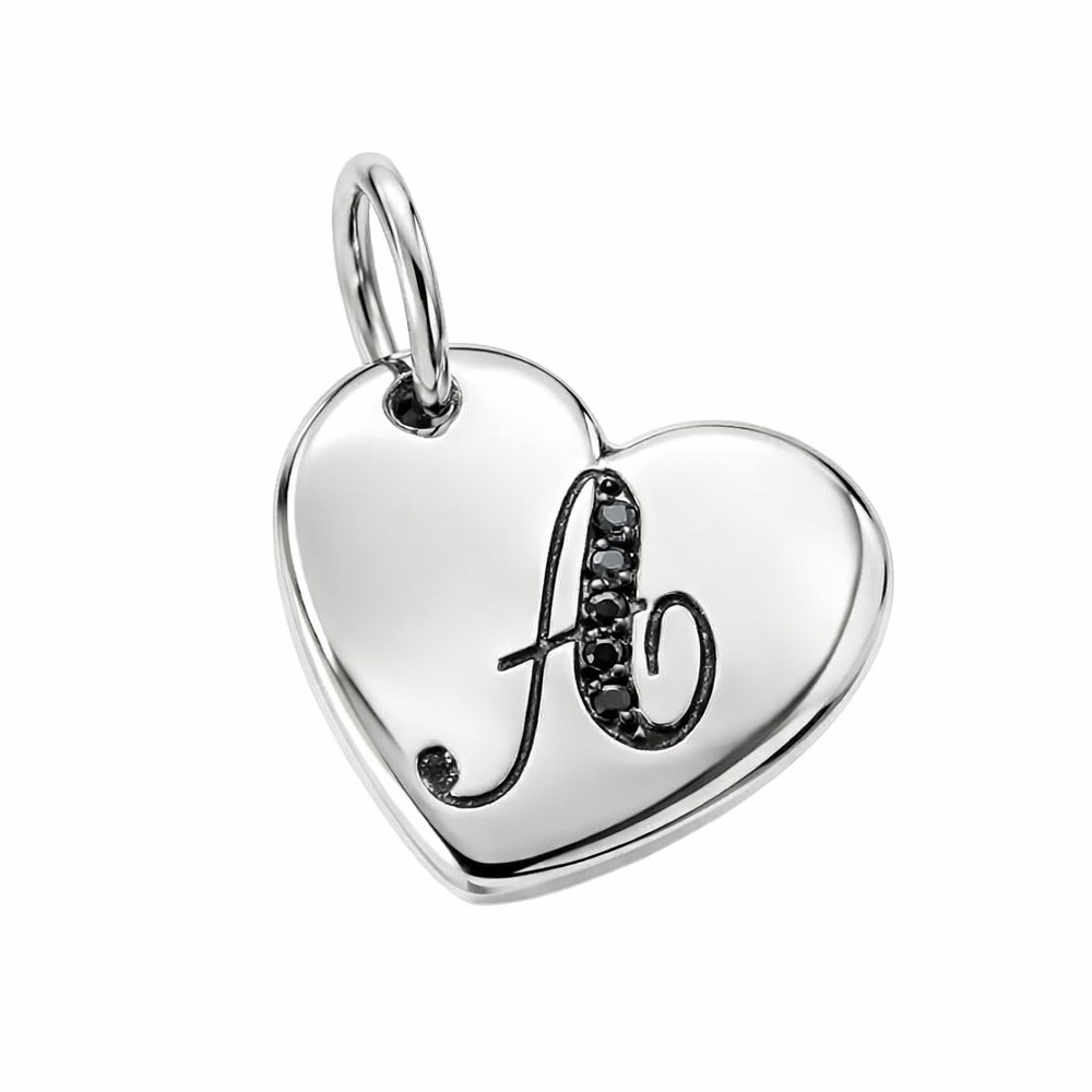 Ciondolo cuore argento con iniziale diamanti neri