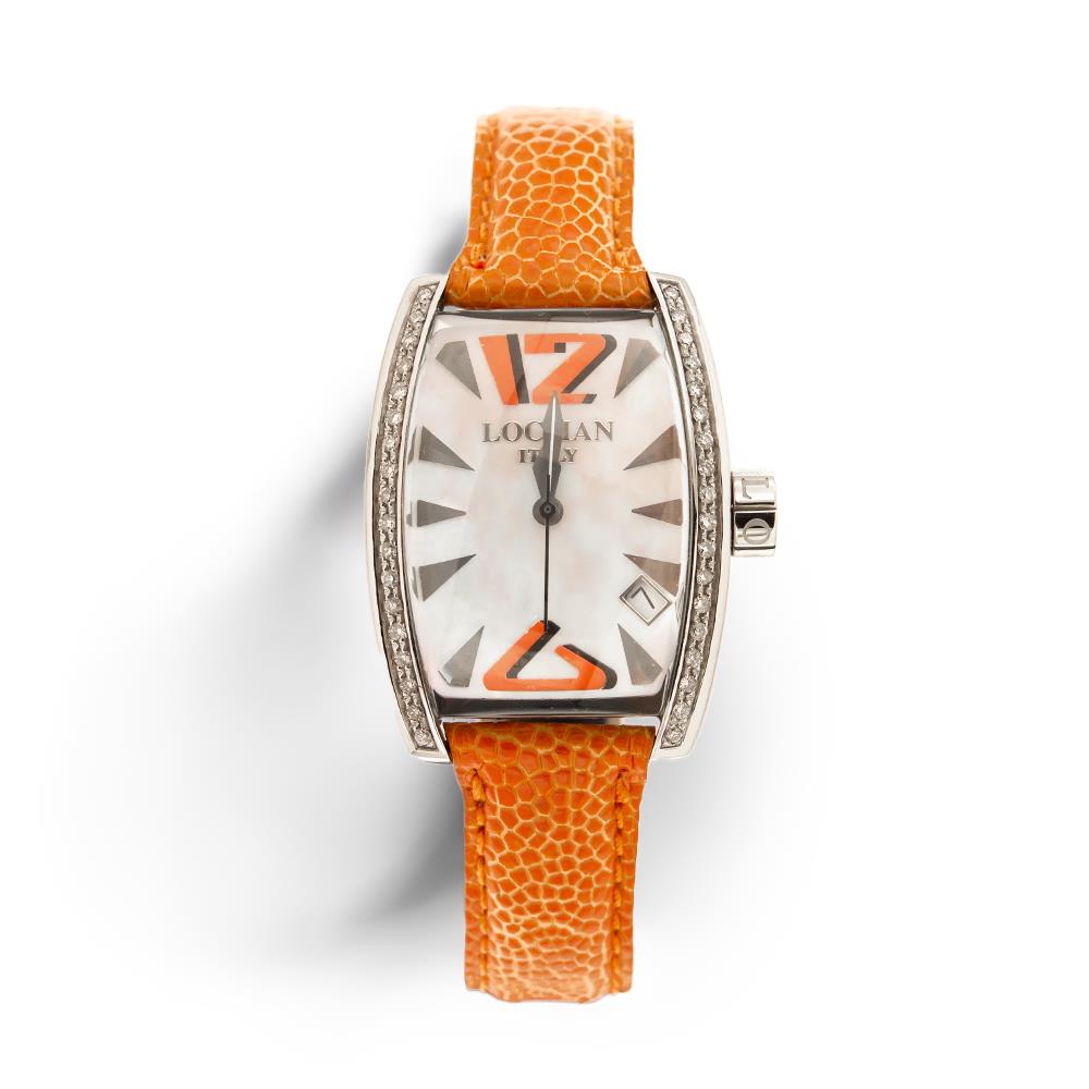 Orologio acciaio con cassa di diamanti e cinturino arancione