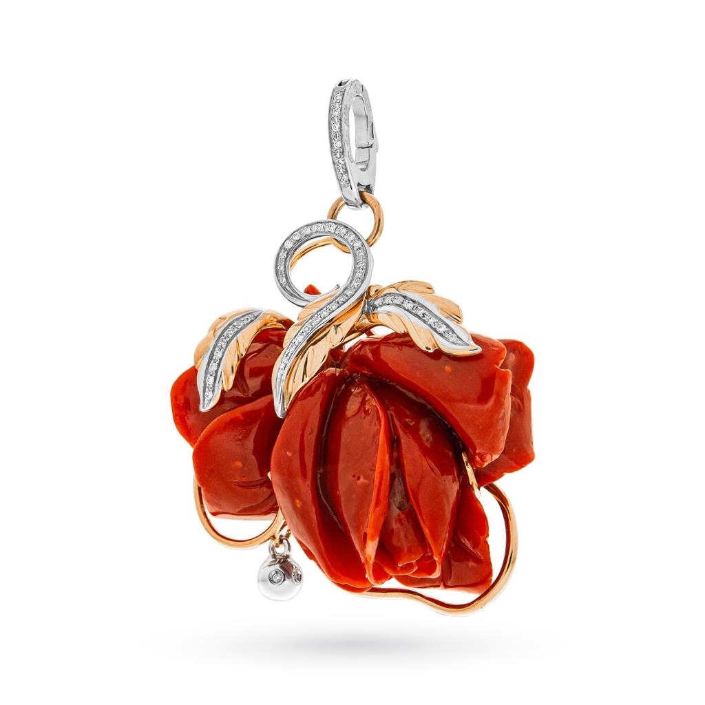 Ciondolo oro 18kt rosa corallo rosso diamanti 0,26ct - CICALA