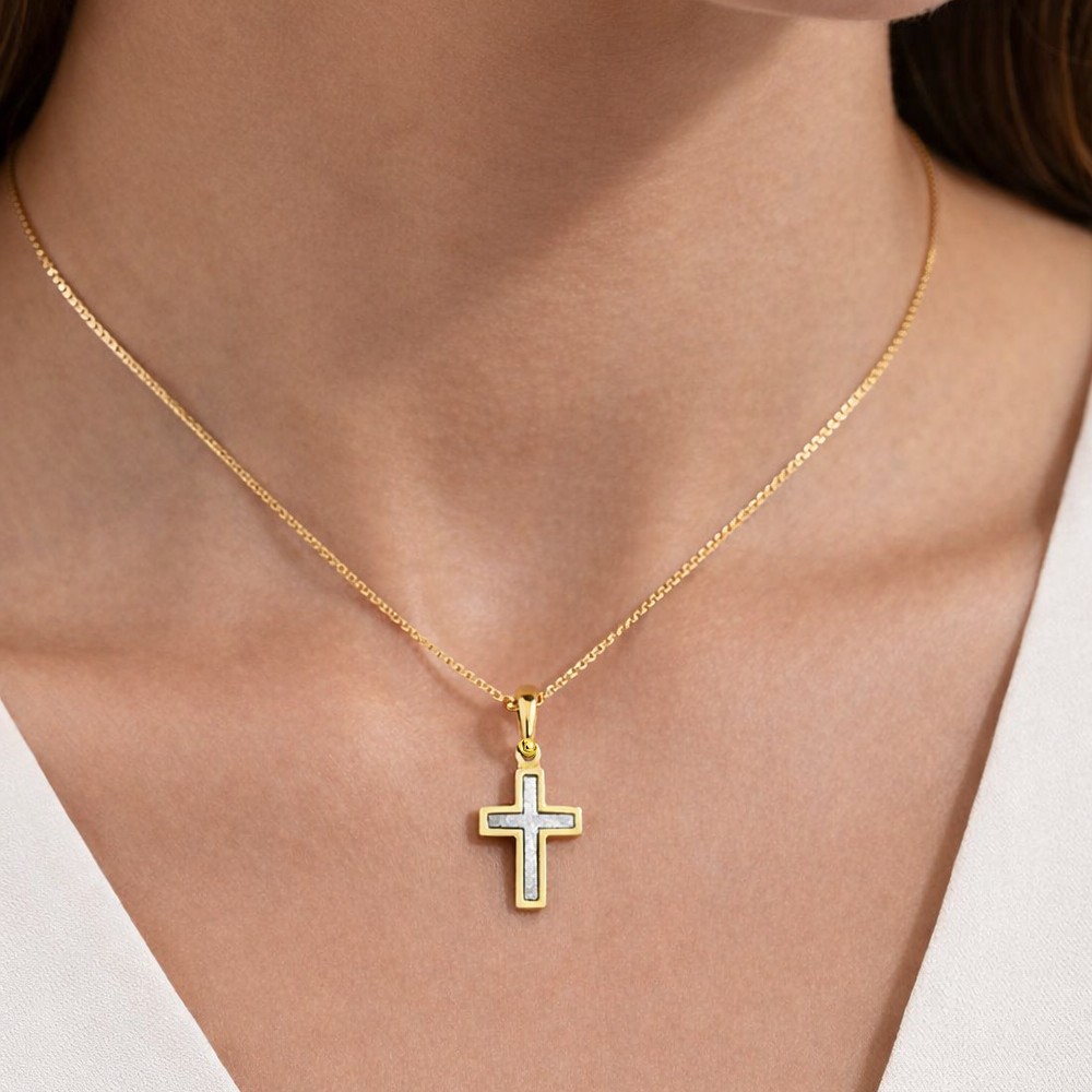 Ciondolo Croce bicolore oro giallo bianco 12x17 mm - LUSSO ITALIANO