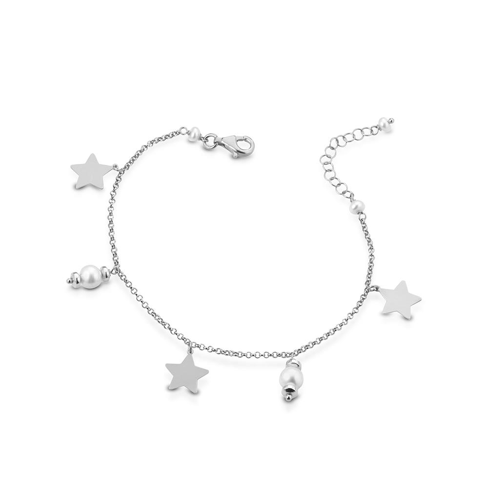 Bracciale argento perle stelle ciondoli pendenti 18,5cm - GLAMOUR