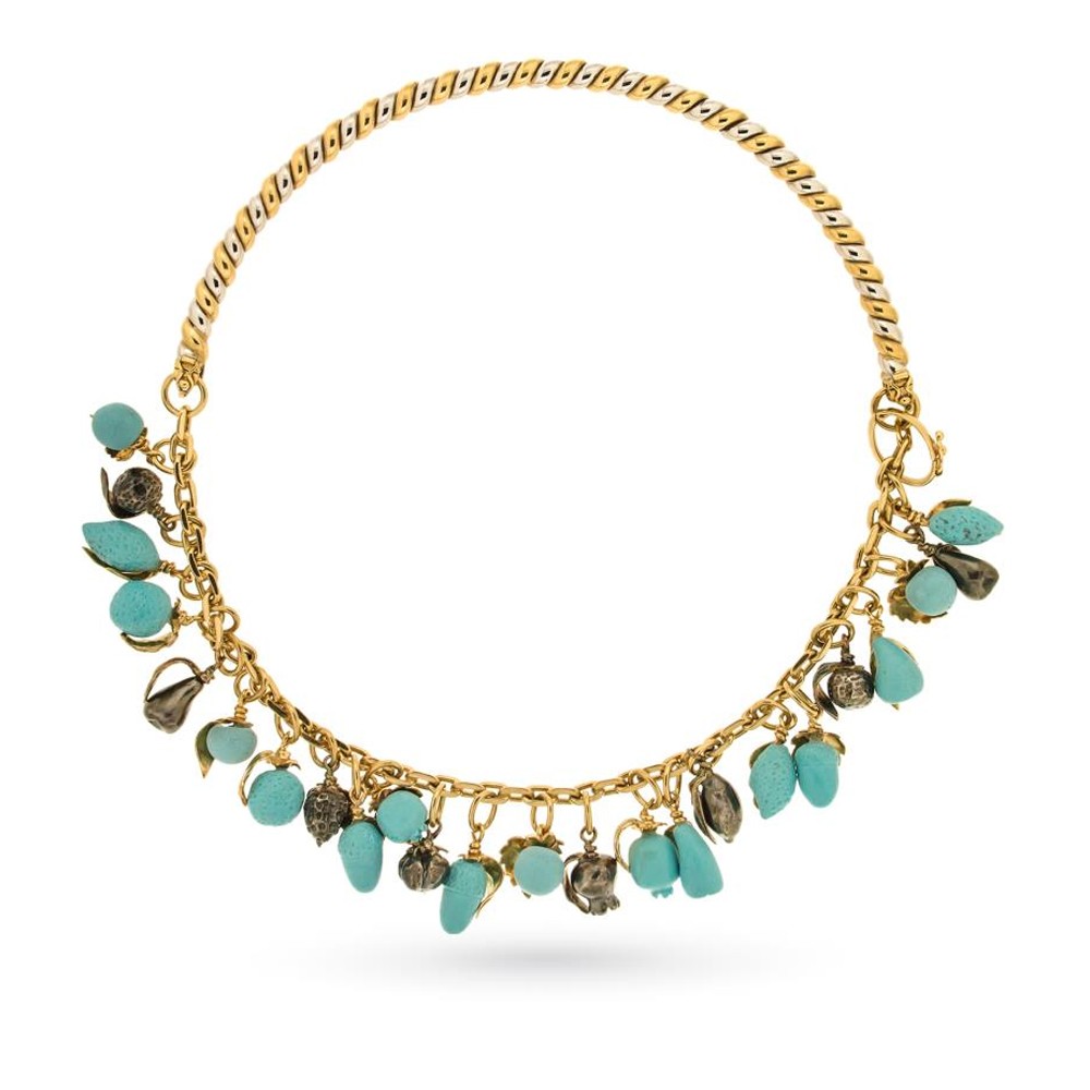 Collana rigida in oro giallo con tanti ciondoli artigianali in turchese