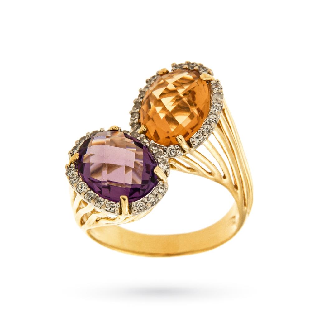 Yellow gold ring with amethyst, citrine and diamonds - UNBRANDED
