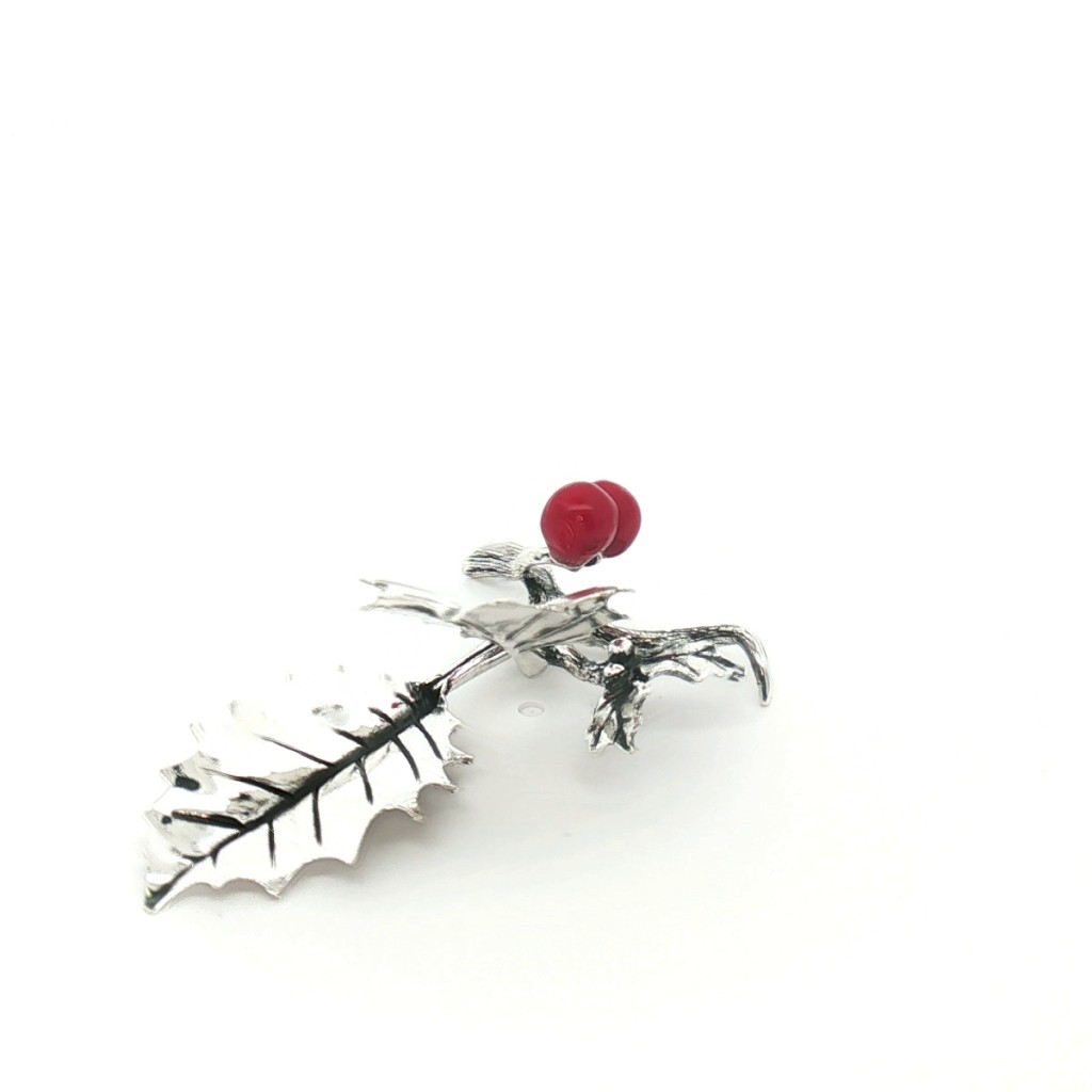  Agrifoglio Piccolo 2 Foglie Palline Smaltate Rosse Argento - SATURNO