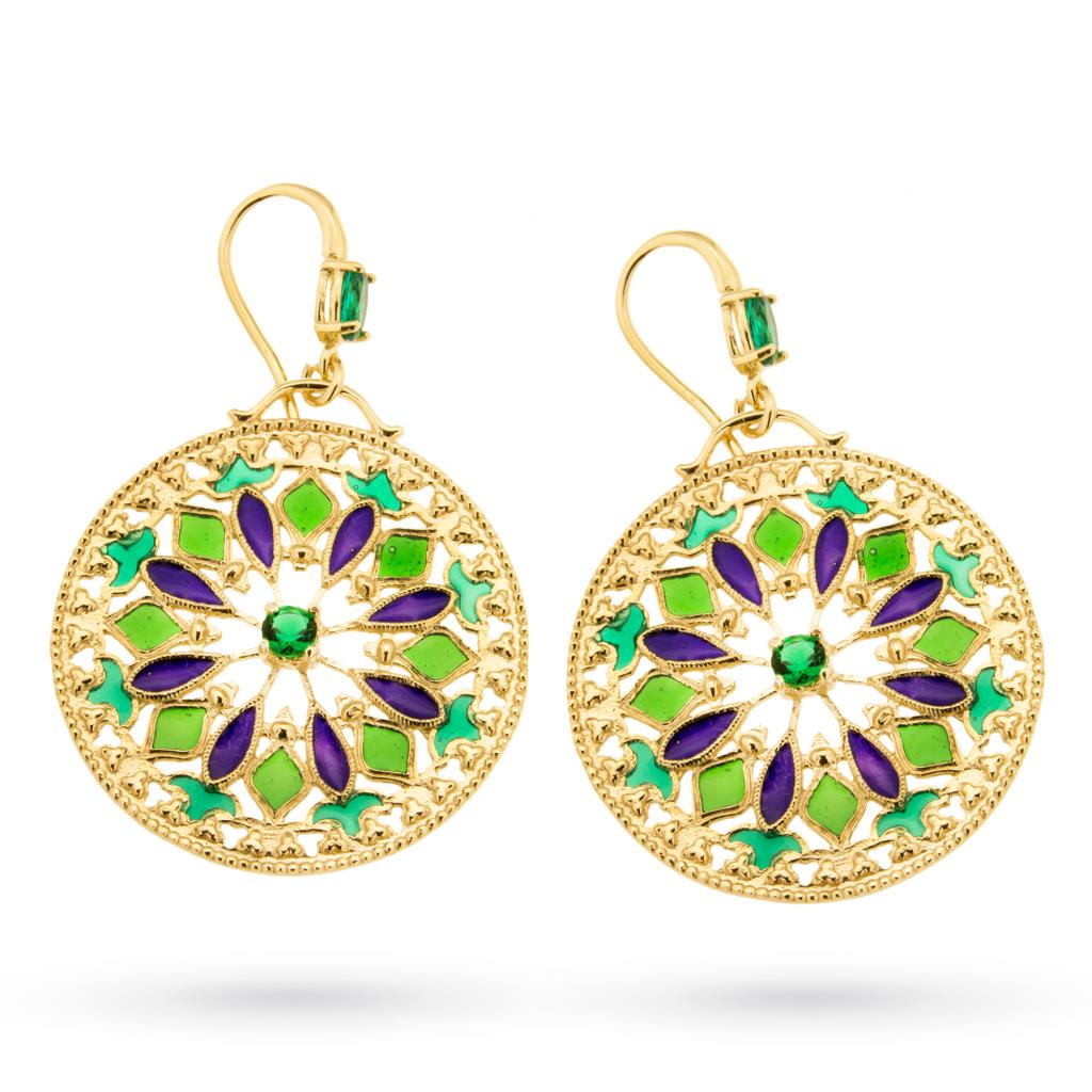 925 sterling silver earrings gold plated with large enameled discs - GOLDEN CORALS