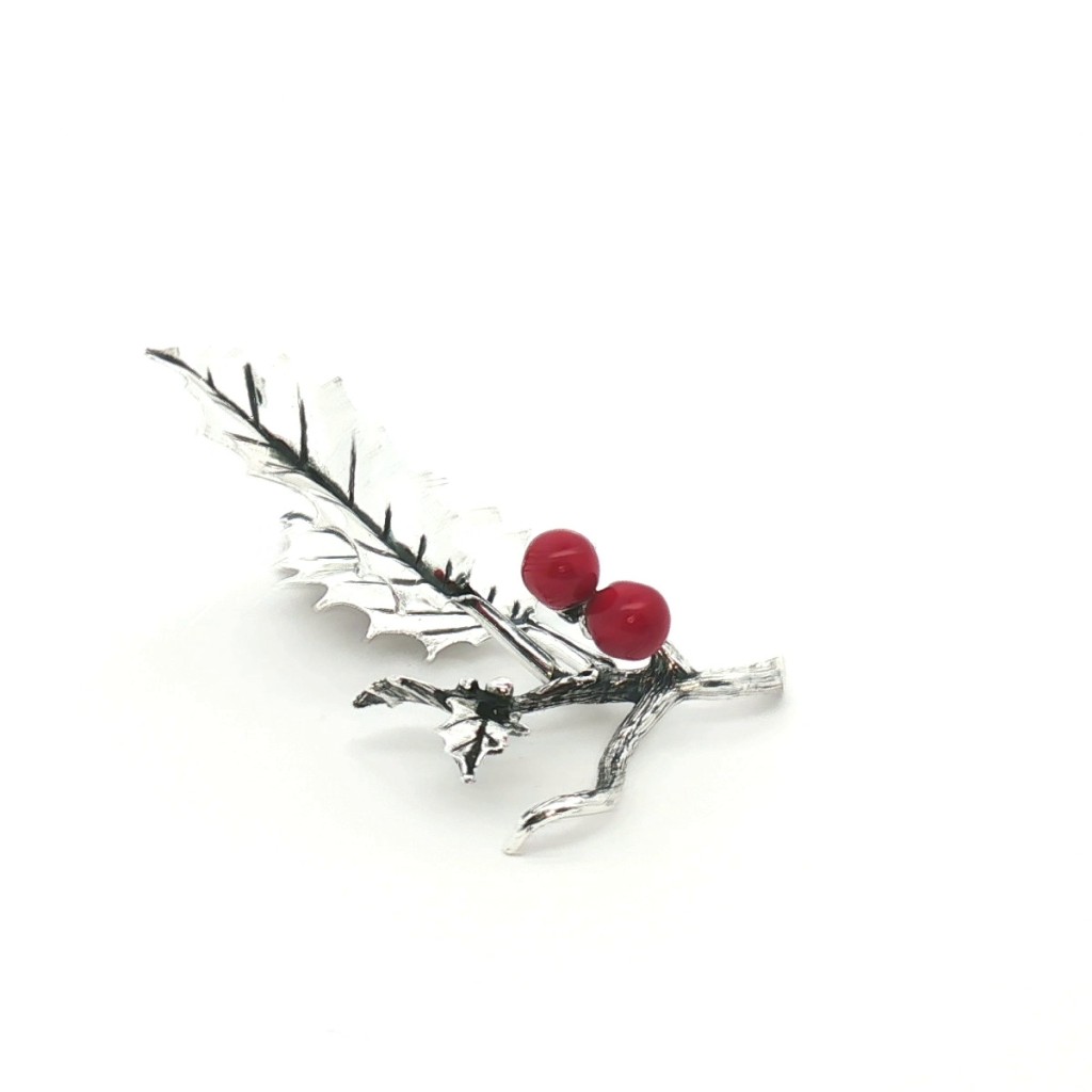  Agrifoglio Piccolo 2 Foglie Palline Smaltate Rosse Argento - SATURNO