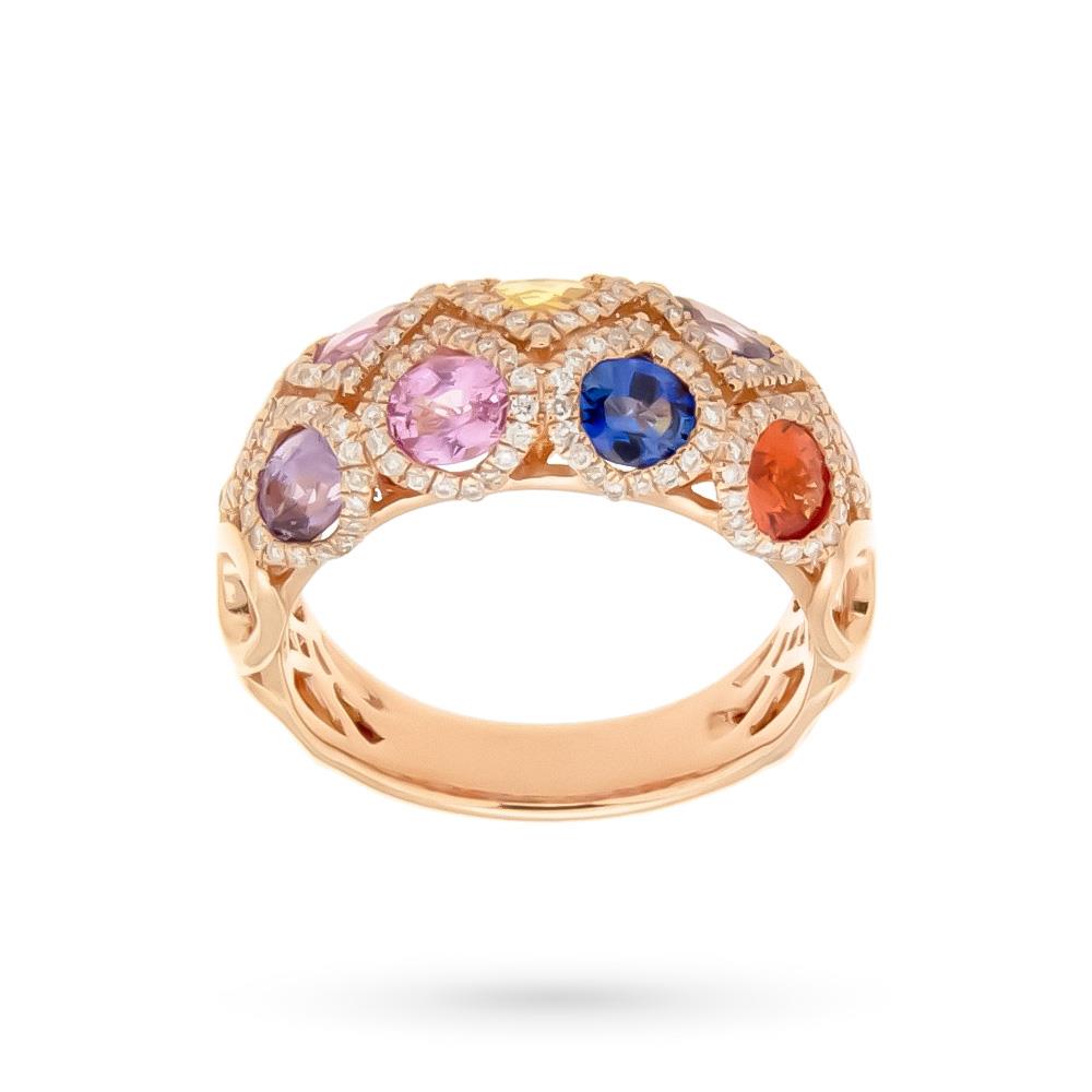 Anello oro rosa zaffiri multicolor 2,70ct contorno diamanti 0,41ct - CICALA