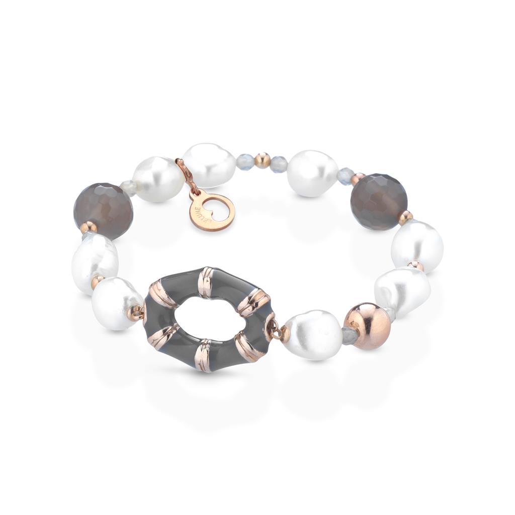 Lelune elastio bracelet, white pearls and gray agate  - LELUNE