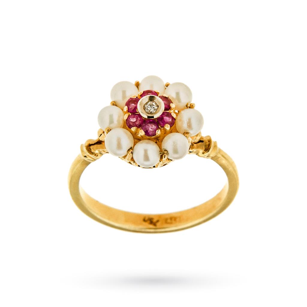 Vintage ring yellow gold flower pearls pink gems - 