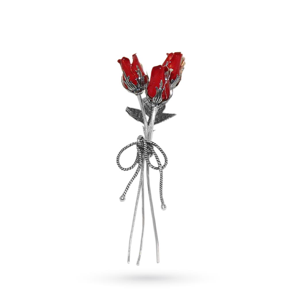 Mazzolino di rose rosse soprammobile in argento e smalto 9cm - GI.RO’ART