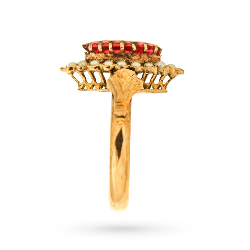  Anello vintage a navetta corindone rosso e perle - 