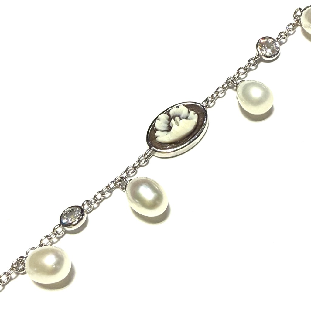 Silver bracelet with pendant pearls and flower cameo - CAMEO ITALIANO