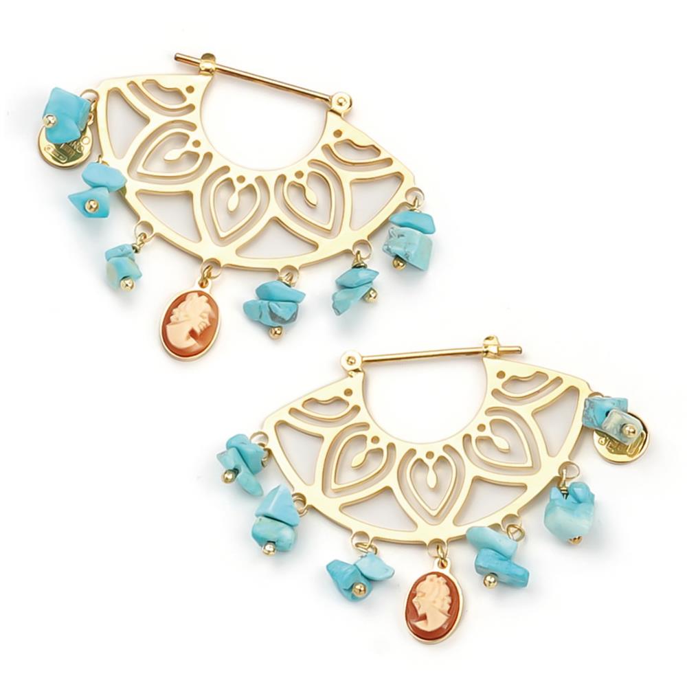  Orecchini argento dorato fiore turchesi cameo viso 8mm - CAMEO ITALIANO