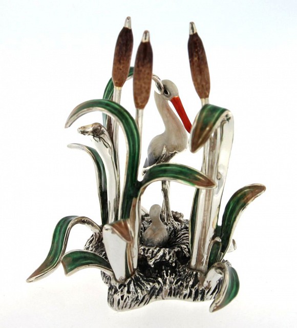  Cicogna piccolo nel canneto soprammobile argento 925 smalto - SATURNO