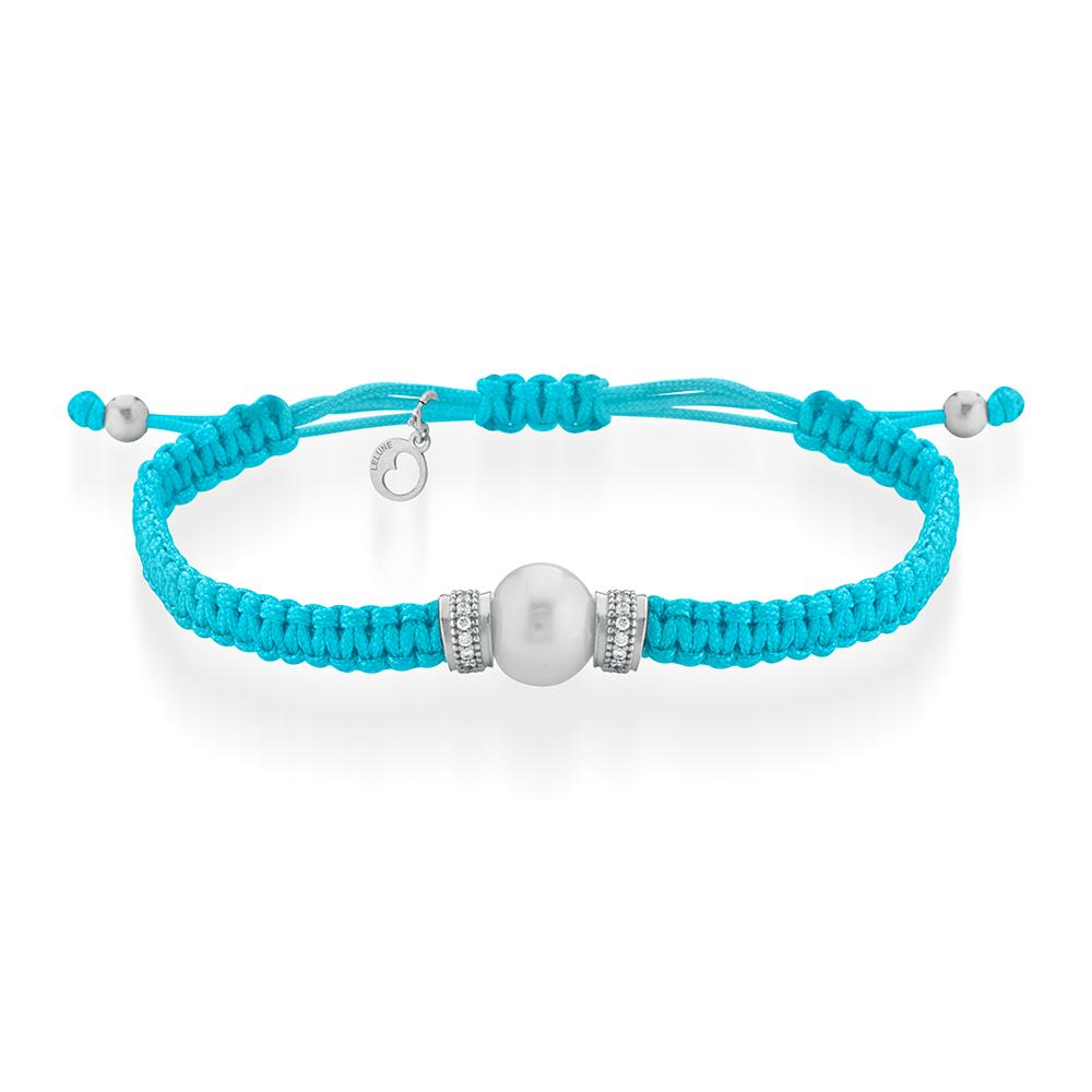 Silver bracelet with fresh water pearl crystals and turquoise cord - GLAMOUR