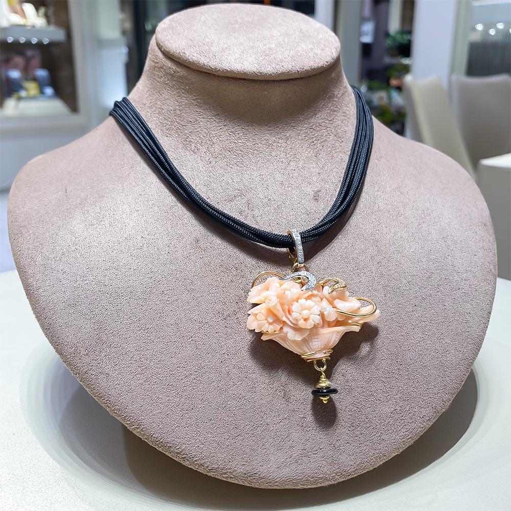  Coral pendant necklace flowers basket gold onyx diamonds 44cm - SILVIA KELLY