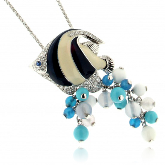  Girocollo con pesce in oro bianco smaltato con quarzi e diamanti - ORO TREND