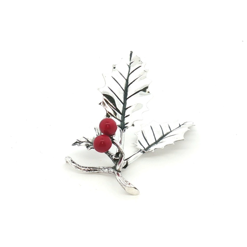 Agrifoglio Piccolo 2 Foglie Palline Smaltate Rosse Argento