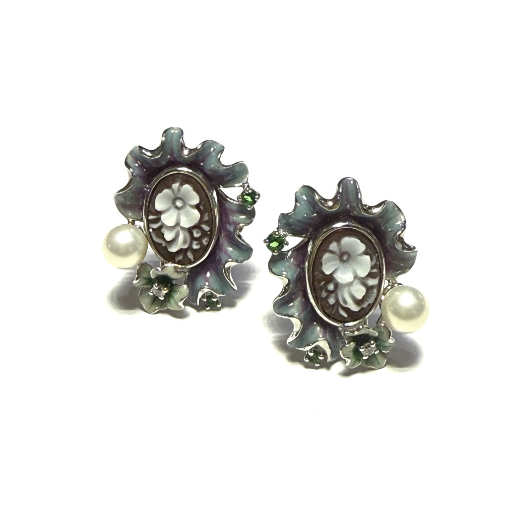 Italian Cameo Silver Earrings with Pearl Enamel and Flower Cameo