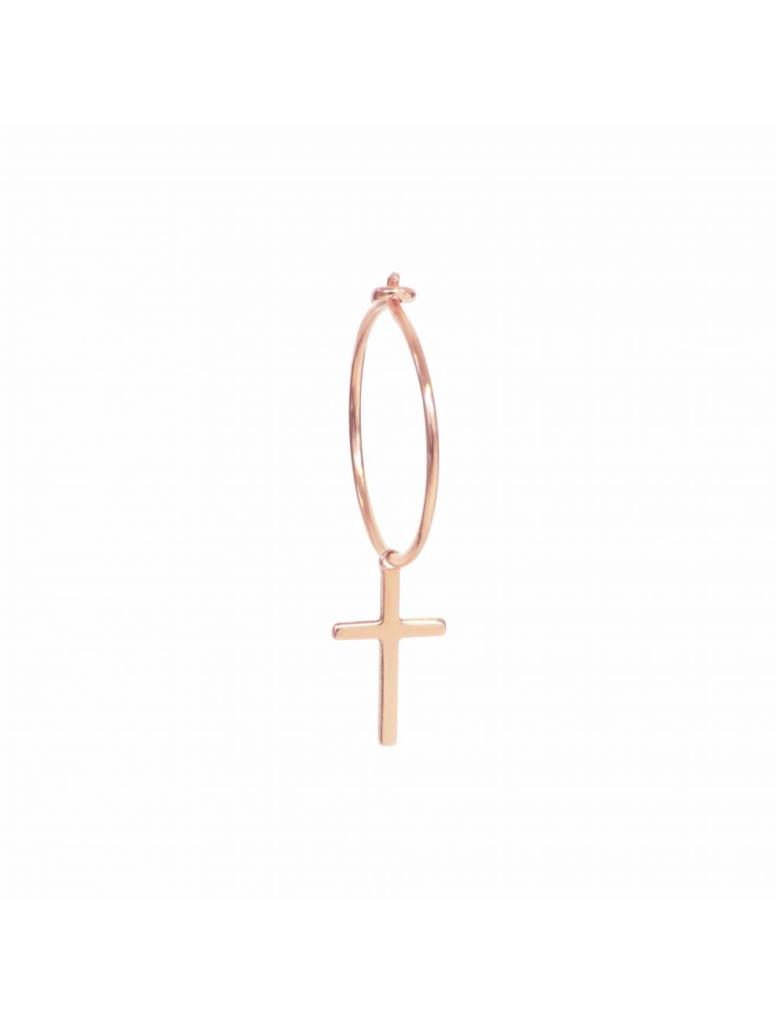 Single hoop pendant earring with Aurum cross in 18kt rose gold - MAMAN ET SOPHIE