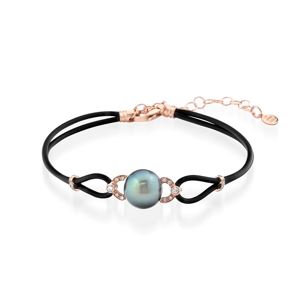 Bracelet 2 strands rubber rose gold diamonds Tahitian pearl - COSCIA