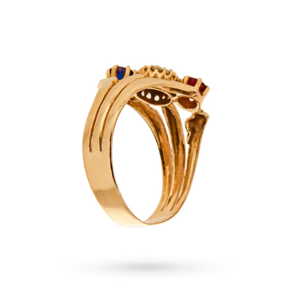  Anello vintage oro rosa gemma rossa, blu e perle - 