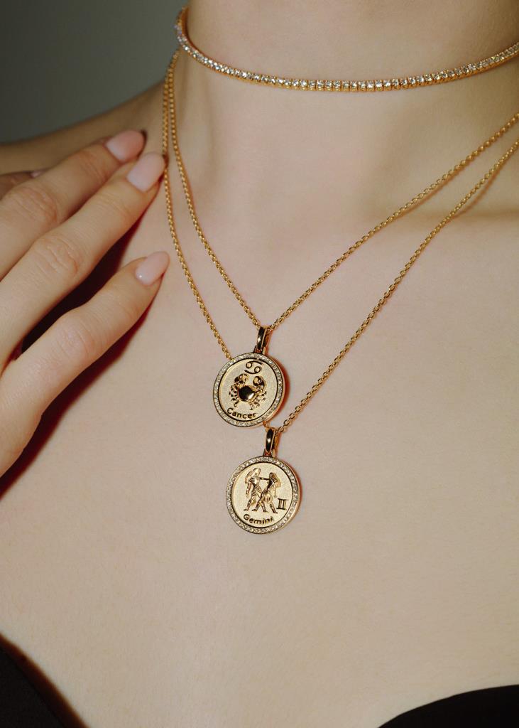  Gemini zodiac sign gold and diamond medal necklace - RF JEWELS