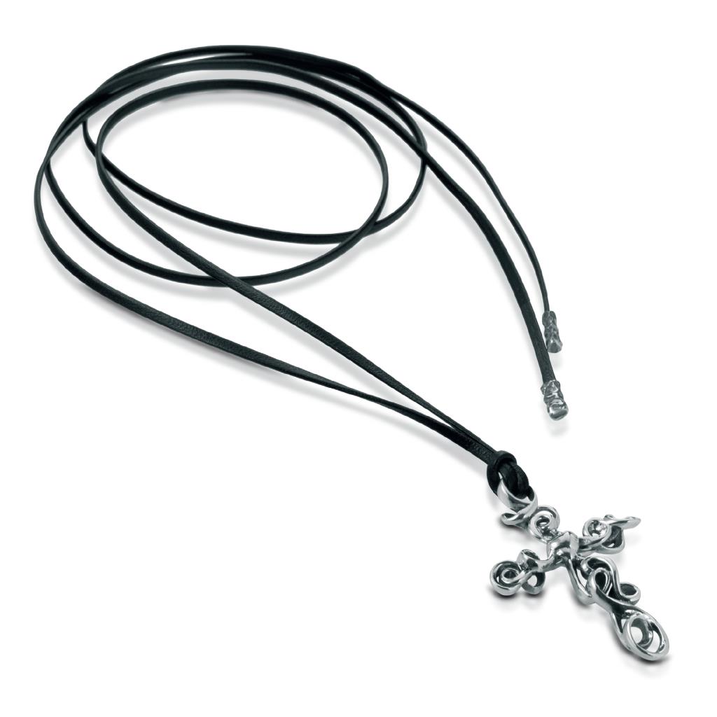 Necklace with cross embroidered in 925 silver and leather - MARESCA OFFICINE ORAFE