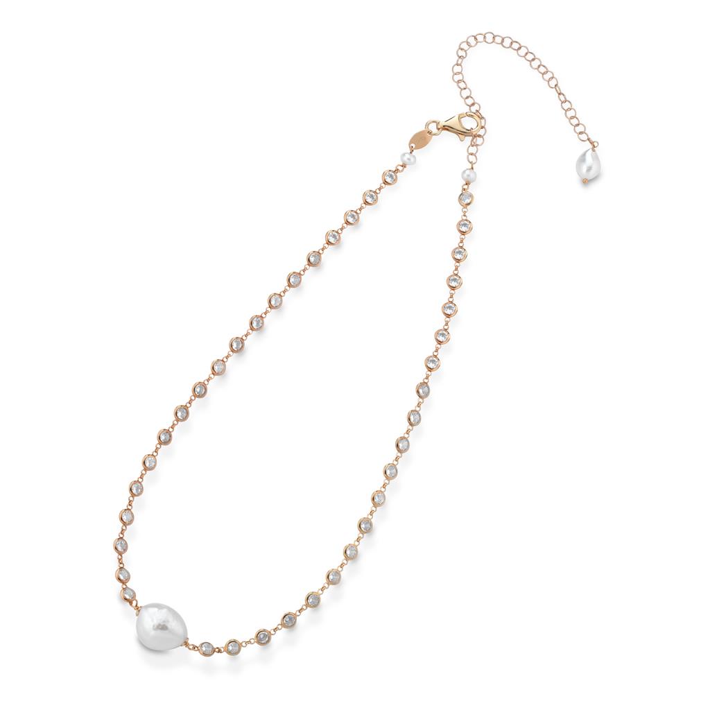 Collana argento rosa zirconi perla bianca centrale 38cm - GLAMOUR