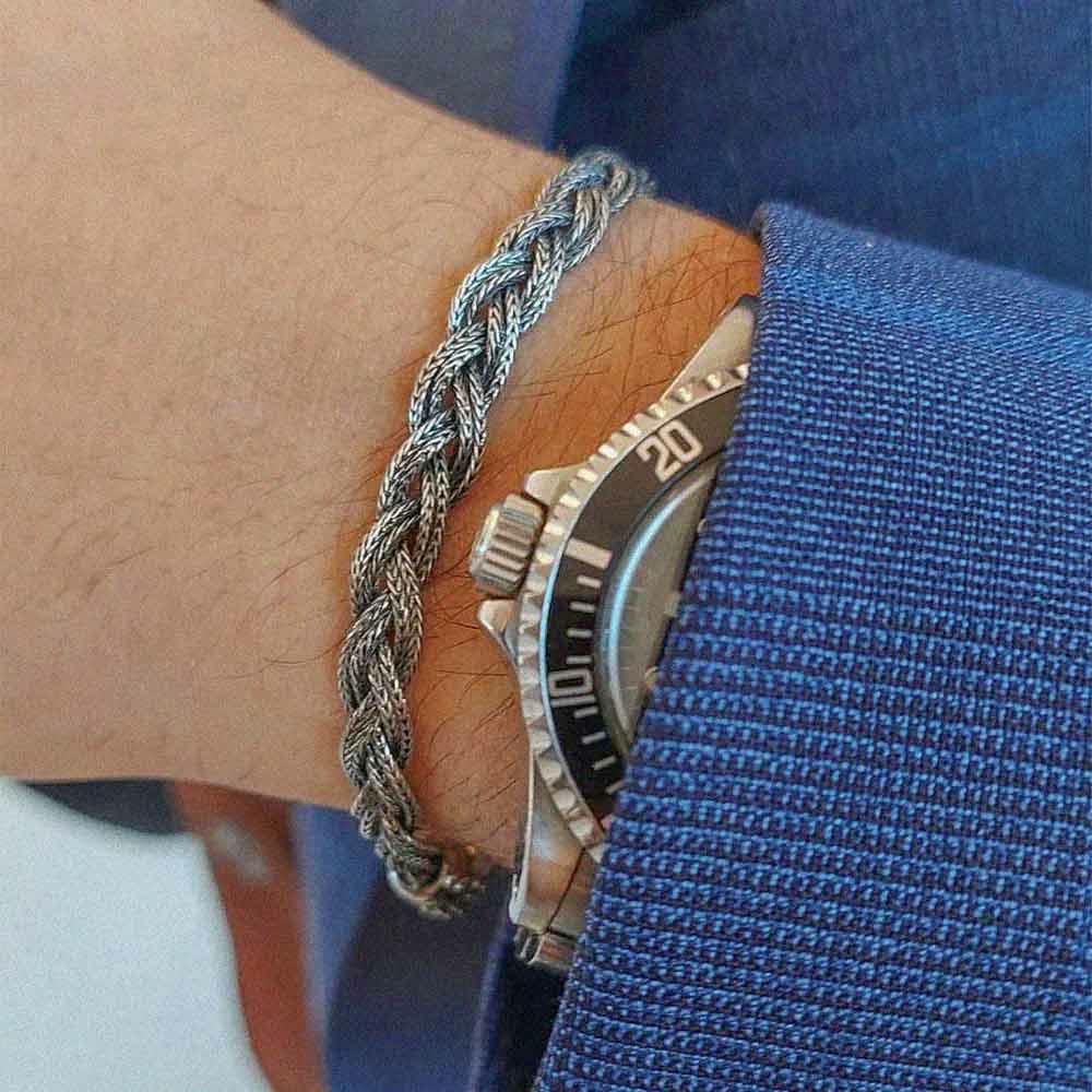  Men's bracelet burnished braids 19+3 cm in silver - MARIA CRISTINA STERLING