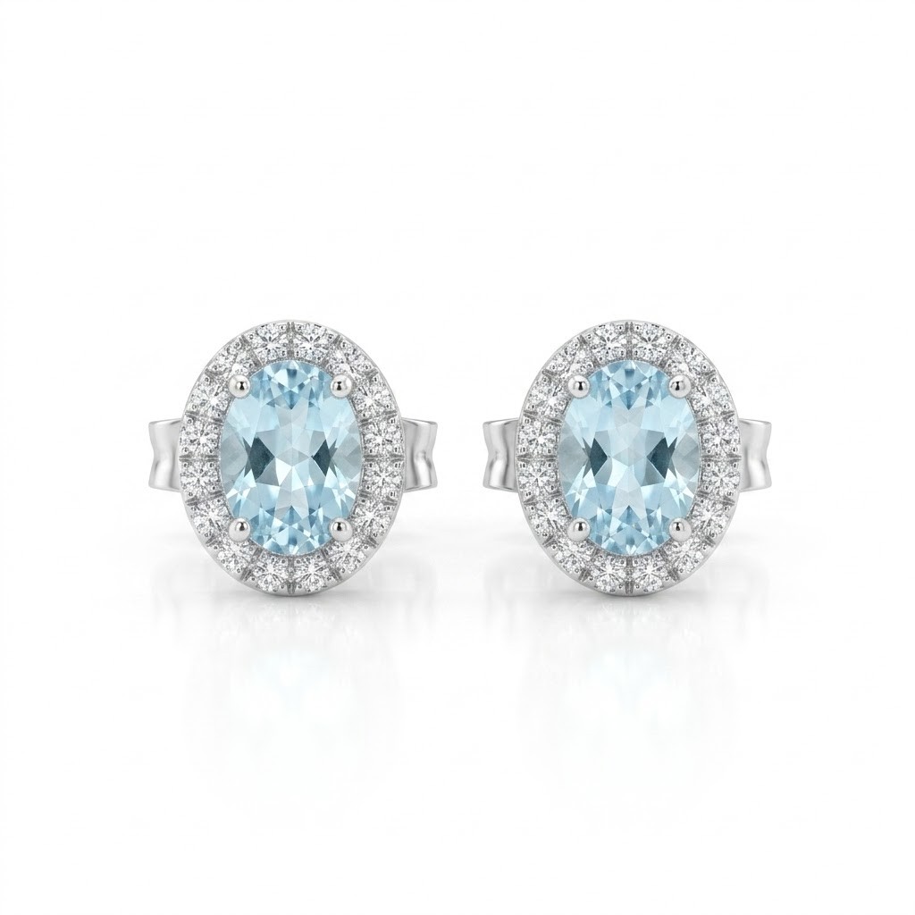 Orecchini a Lobo in Oro Bianco con Acquamarine Ovali (0.77 ct) e Halo di Diamanti - CICALA