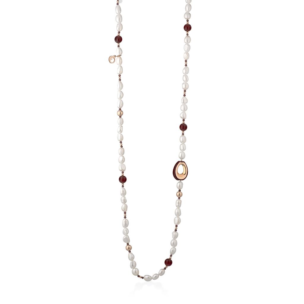 LeLune long necklace with pearls, burgundy agate, and enameled drop 90cm - LELUNE