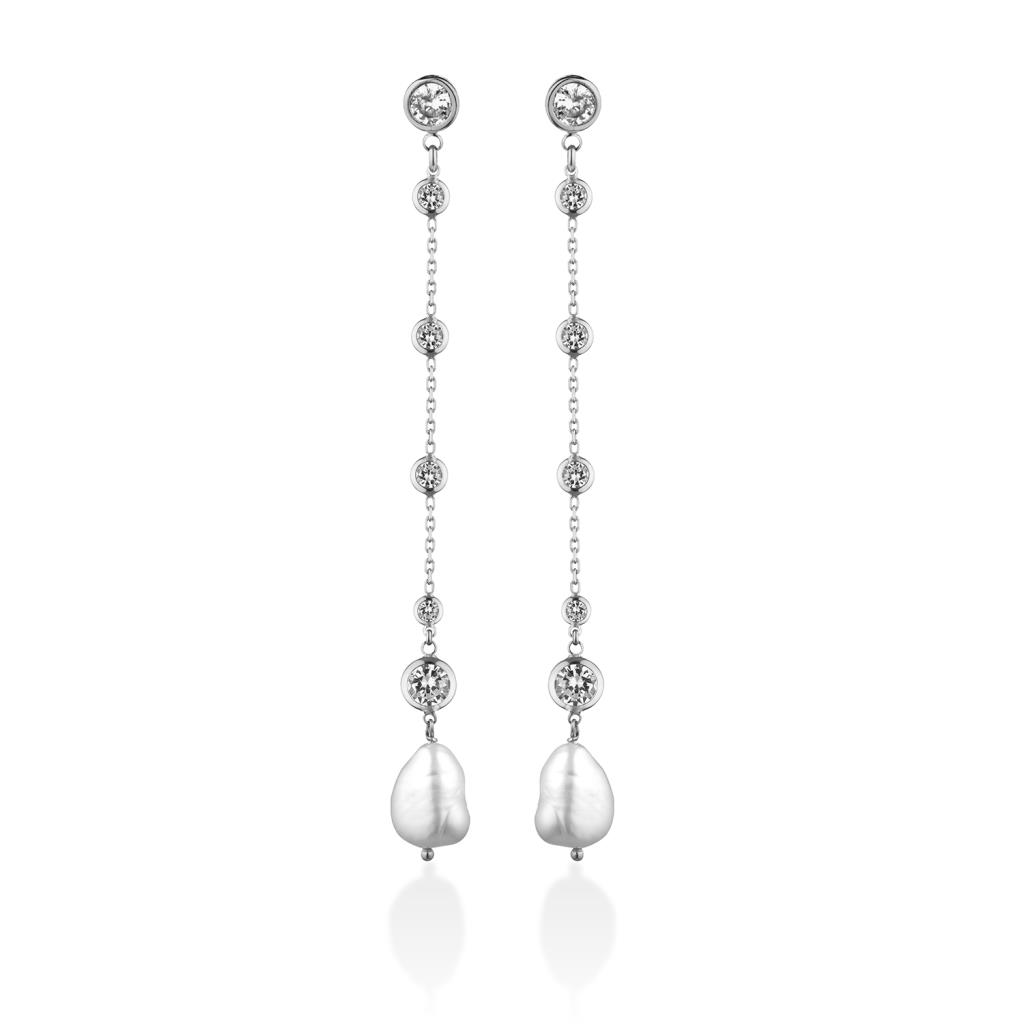 Orecchini pendenti lunghi argento zirconi e perle  - GLAMOUR