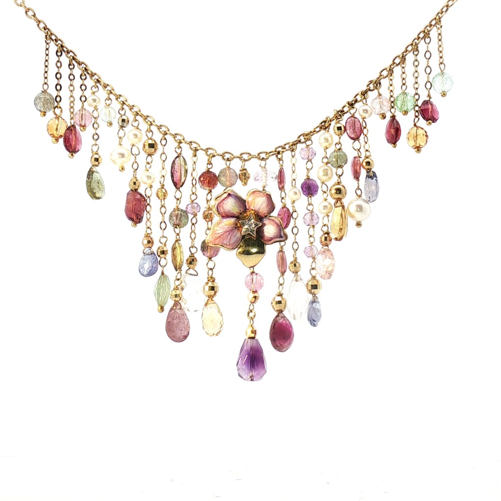 Gabriella Rivalta "Enchanted Garden" Necklace &ndash; 18kt Gold, Grand Feu Enamel, and Multi-Gemstone Fringe - GABRIELLA RIVALTA