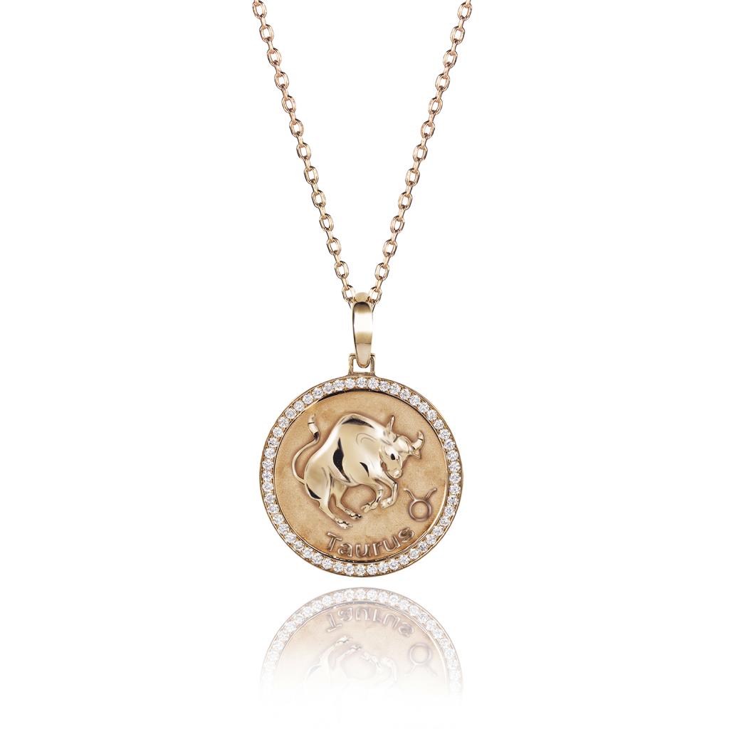 Taurus zodiac sign gold and diamond medal necklace - RF JEWELS