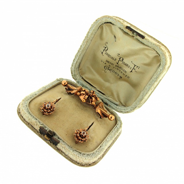  Orecchini e spilla vintage in oro rosa e pietre bianche - LUSSO ITALIANO