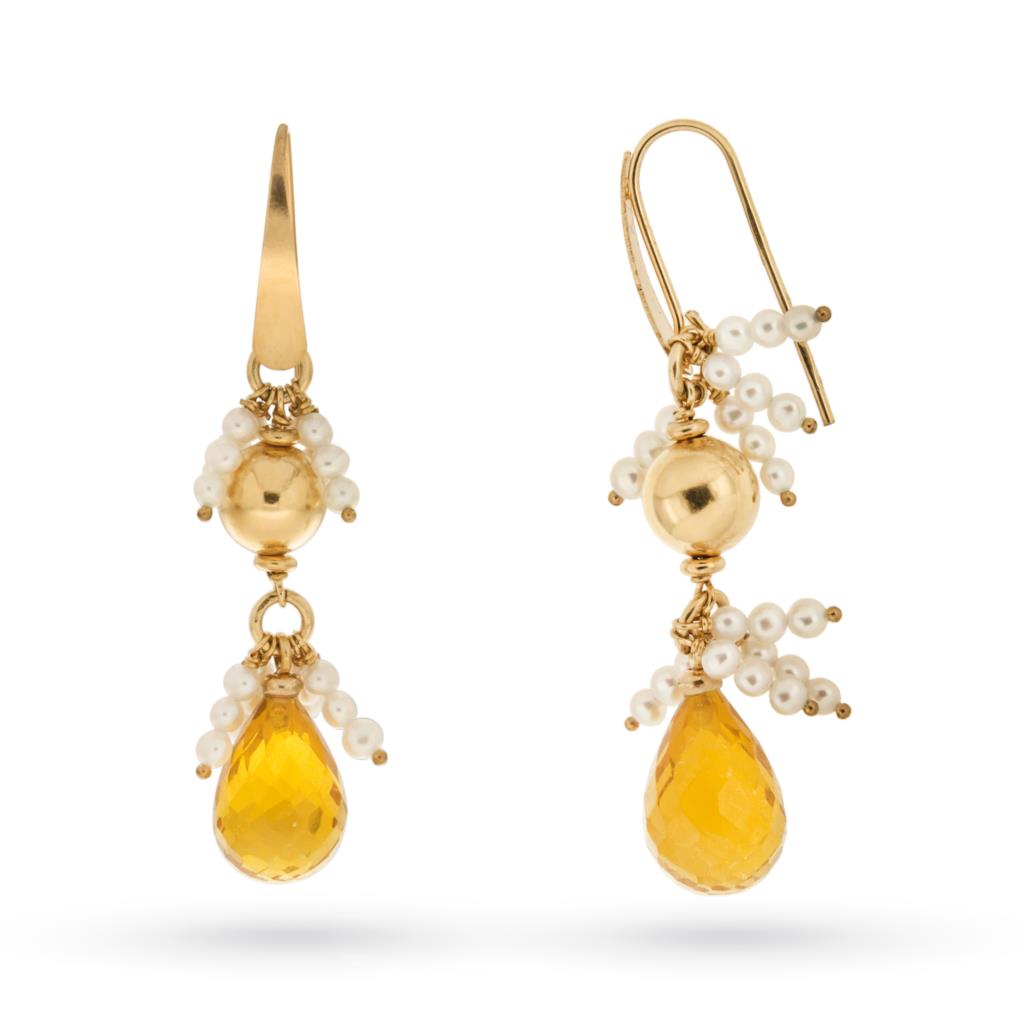 Orecchini perline bianche goccia citrino oro giallo - LUSSO ITALIANO