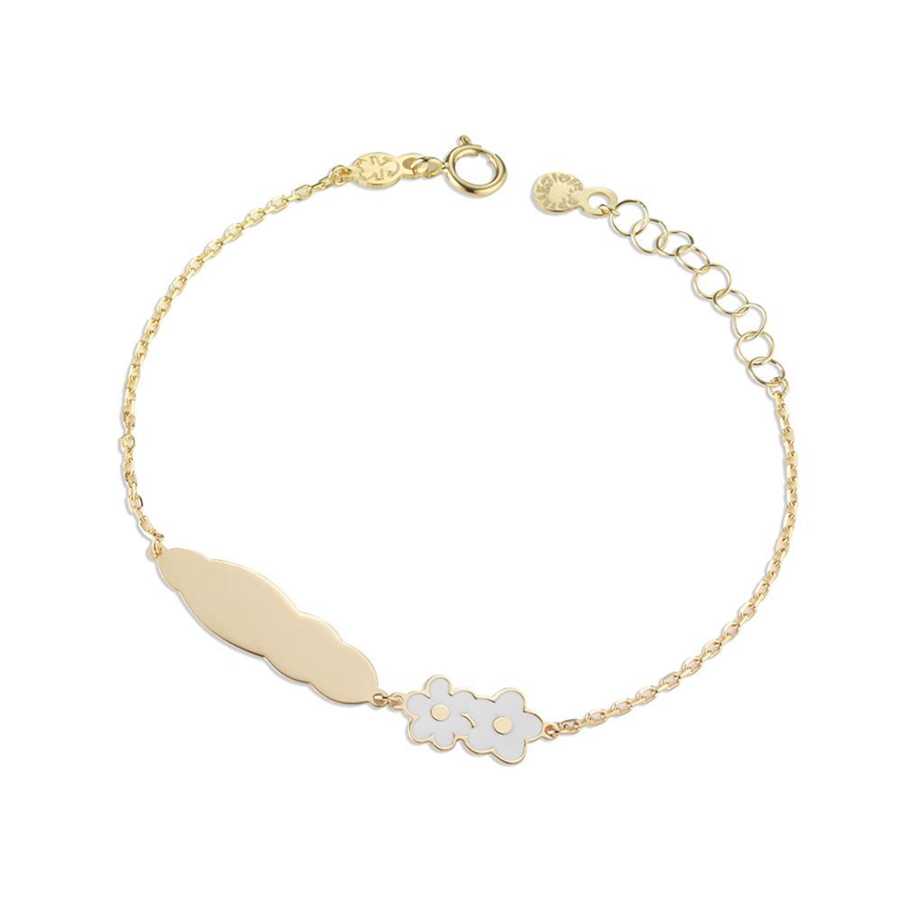 Braccialetto con piastrina e fiorellini in oro giallo