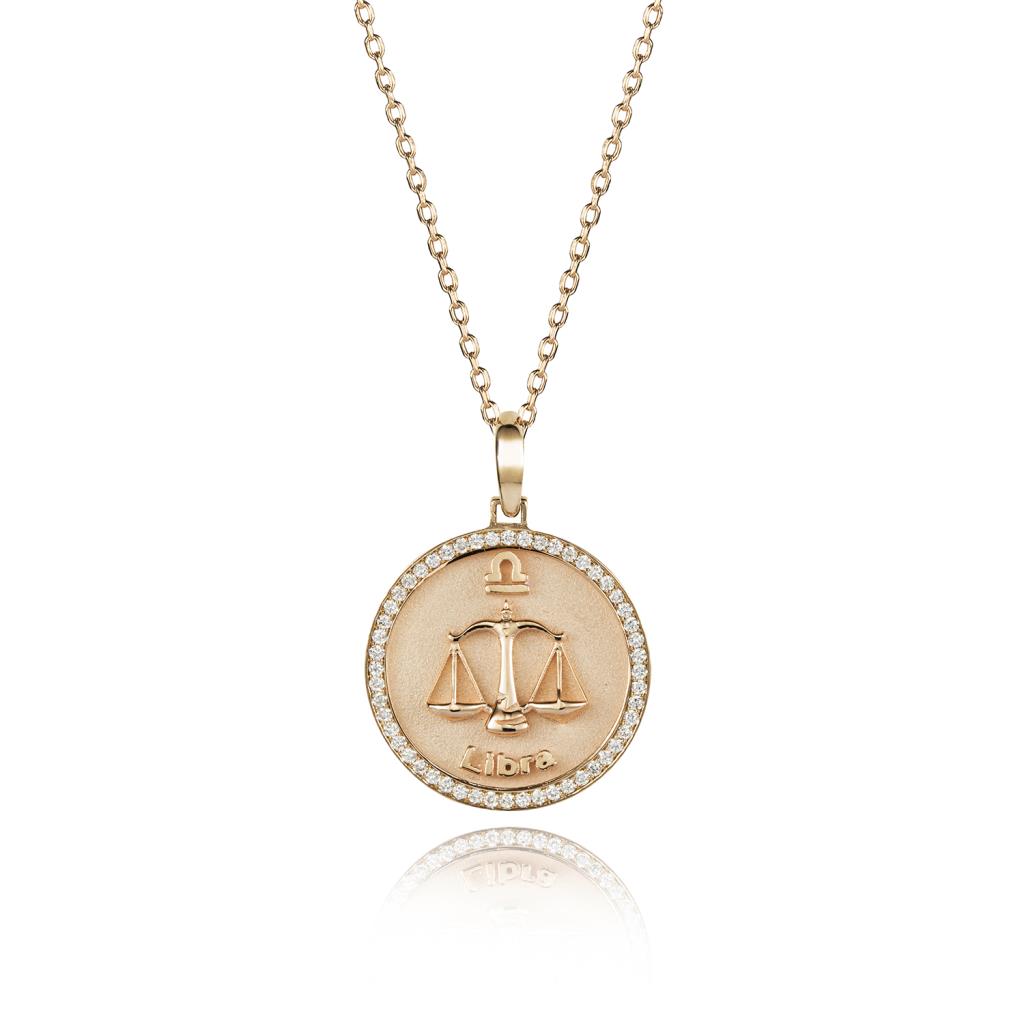 Zodiac sign Libra gold and diamond medal necklace - RF JEWELS
