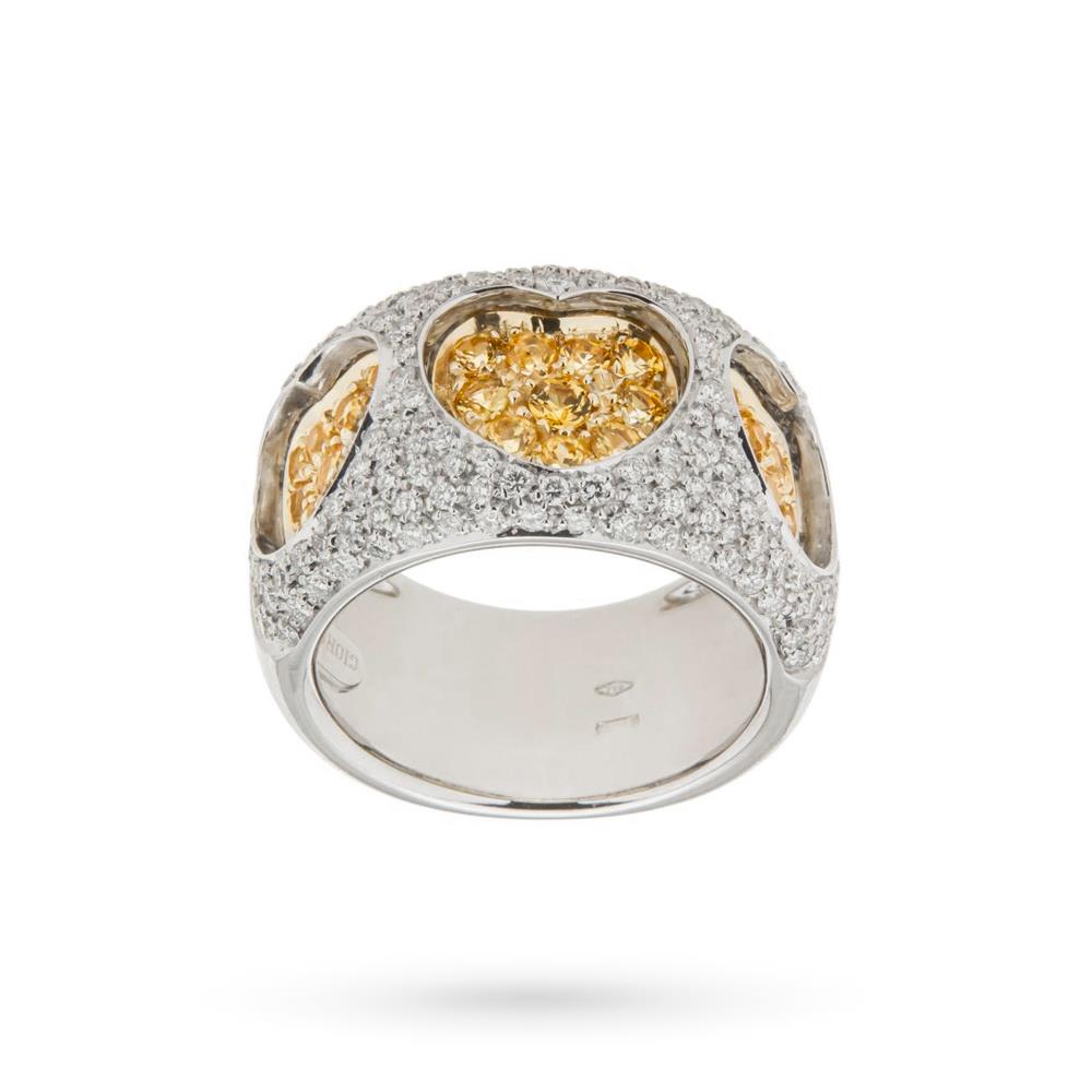 Large gold band ring with hearts of diamonds and yellow sapphires - GIORGIO VISCONTI