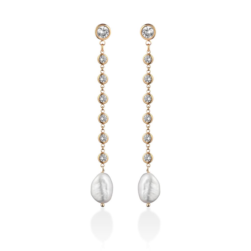 Long pink silver earrings with zircons and pearls - GLAMOUR